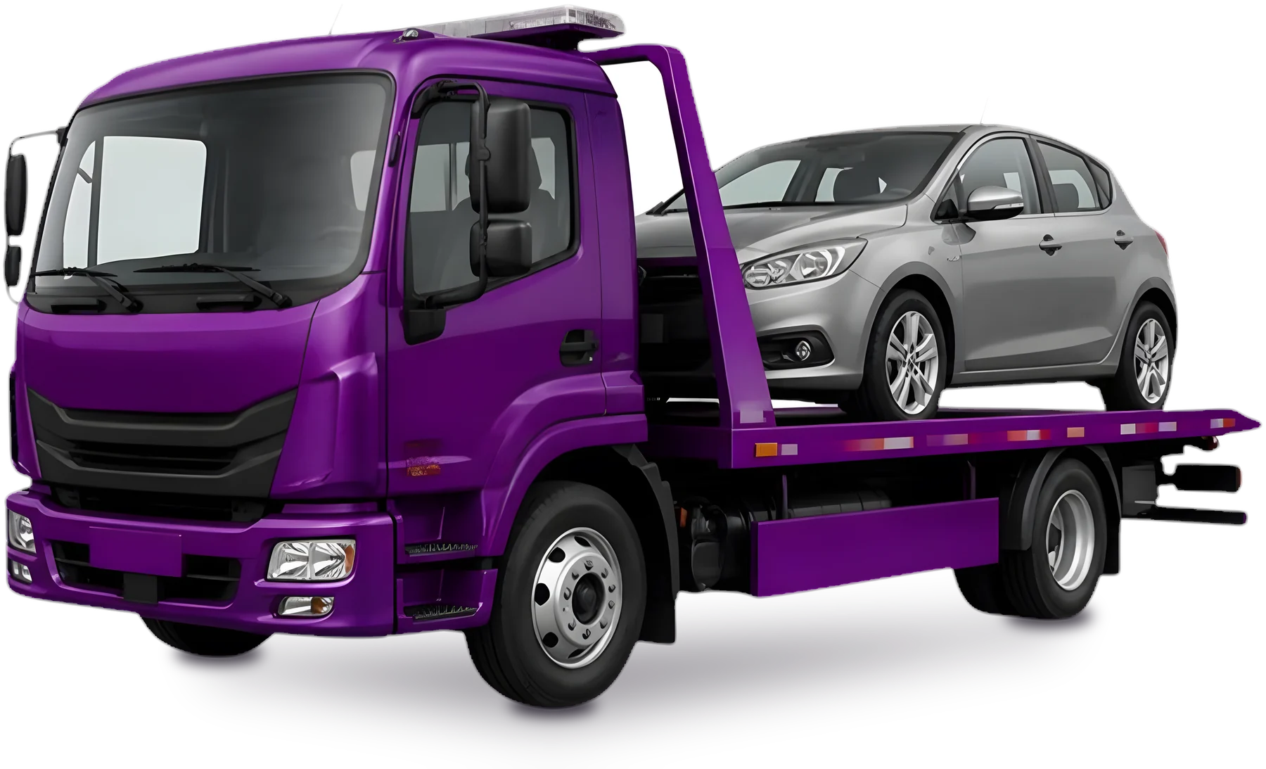 Guincho plataforma roxo levando um carro